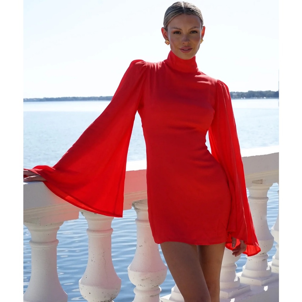 Long Sleeve Red Mini Dress with Dramatic Sleeves